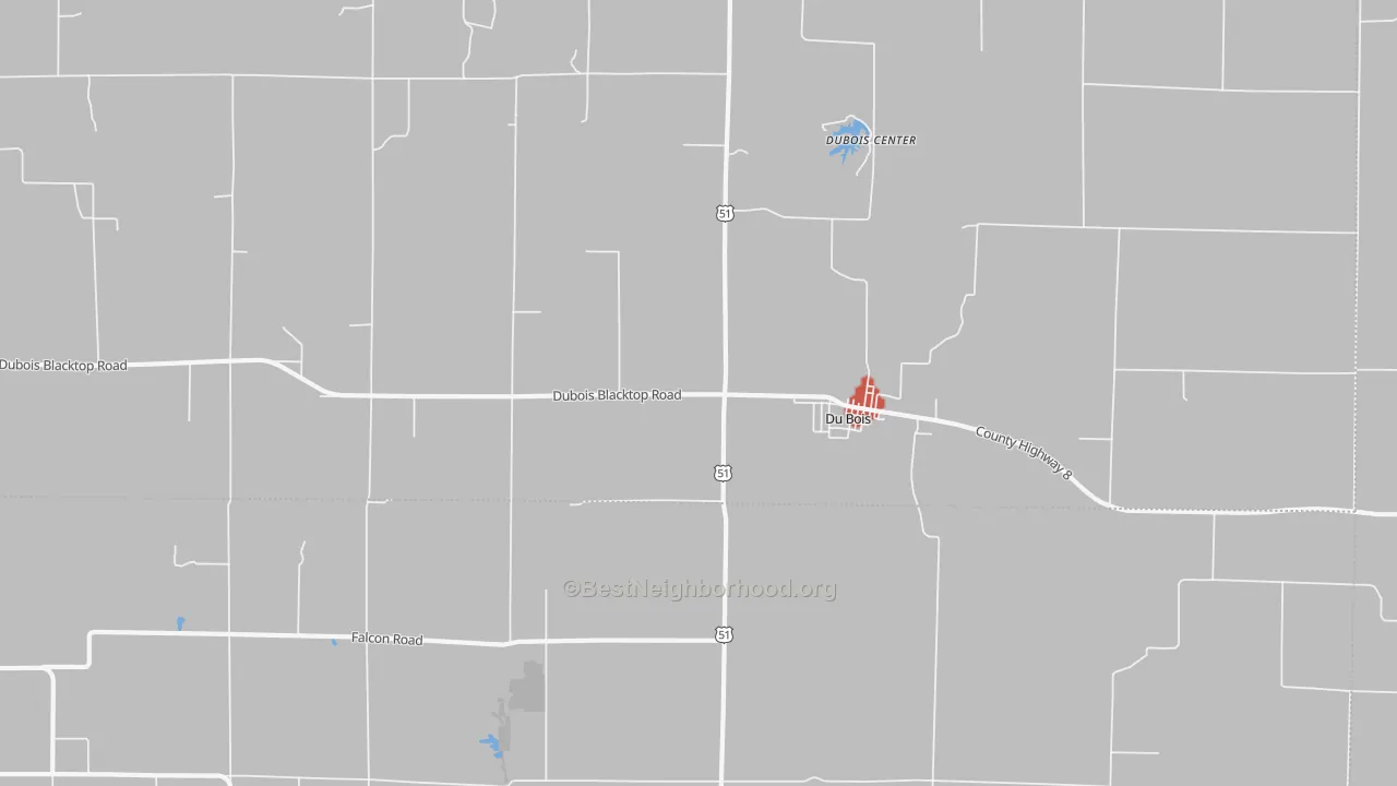 Walk Grade map of Du Bois, IL, walkable areas in green and car-dependent areas in red