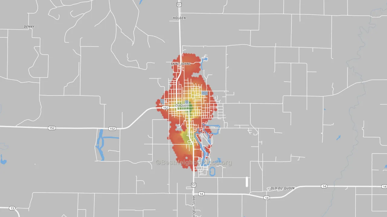 Walk Grade map of Du Quoin, IL, walkable areas in green and car-dependent areas in red