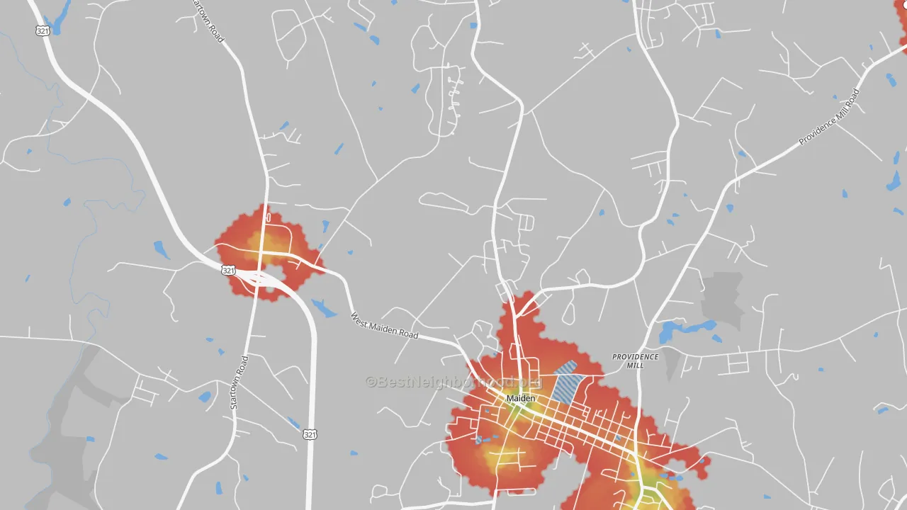 Walk Grade map of Duan, NC, walkable areas in green and car-dependent areas in red