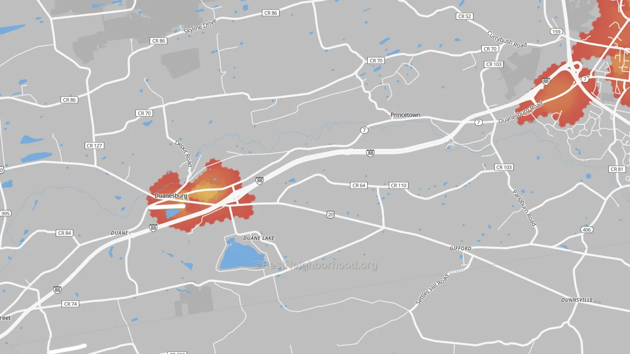 Walk Grade map of Duanesburg, NY, walkable areas in green and car-dependent areas in red