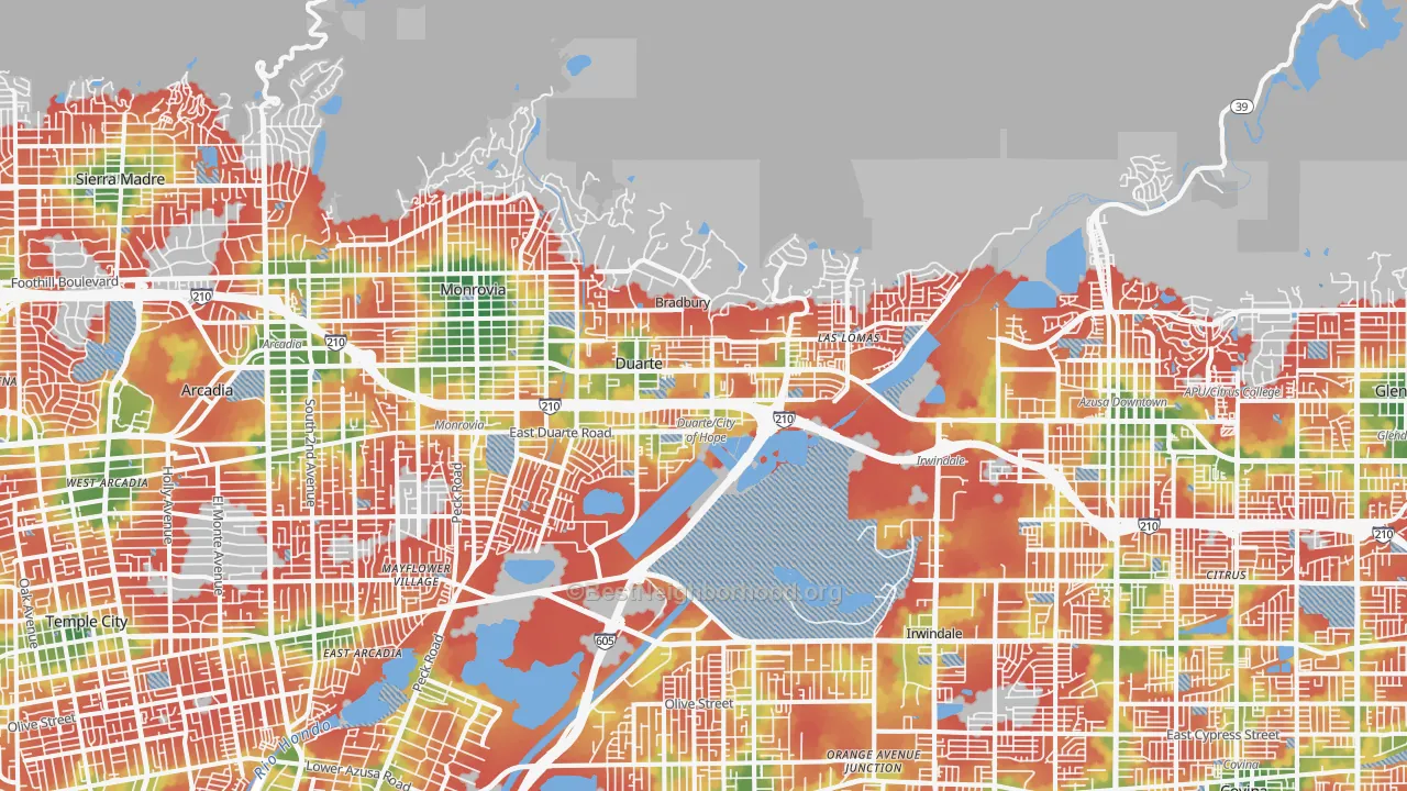 Walk Grade map of Duarte, CA, walkable areas in green and car-dependent areas in red