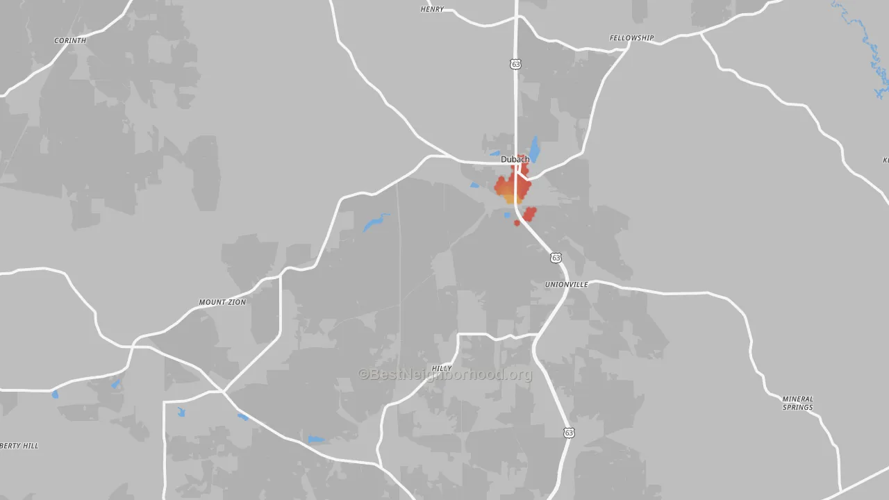 Walk Grade map of Dubach, LA, walkable areas in green and car-dependent areas in red