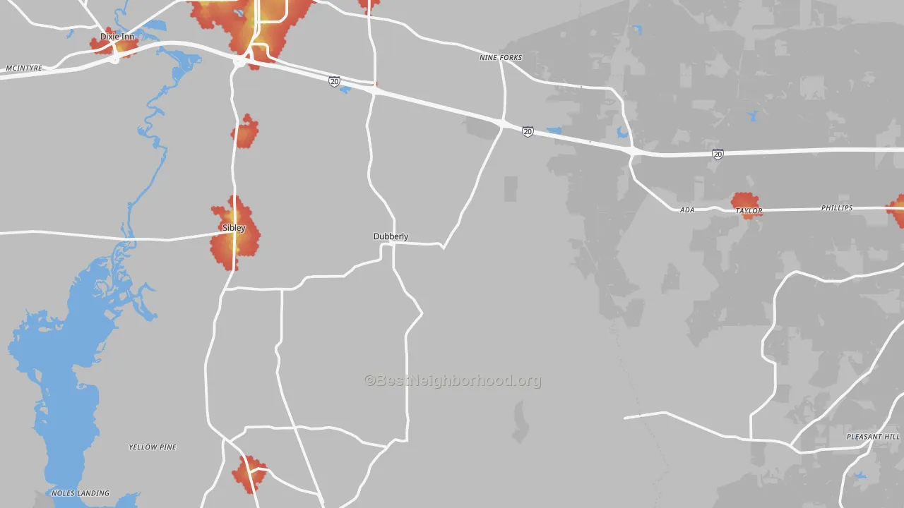Walk Grade map of Dubberly, LA, walkable areas in green and car-dependent areas in red
