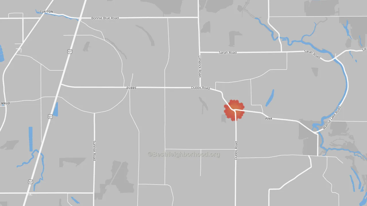 Walk Grade map of Dubbs, MS, walkable areas in green and car-dependent areas in red
