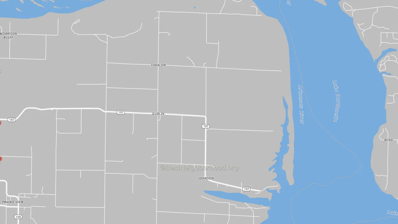 Walk Grade map of Dublin, AR, walkable areas in green and car-dependent areas in red