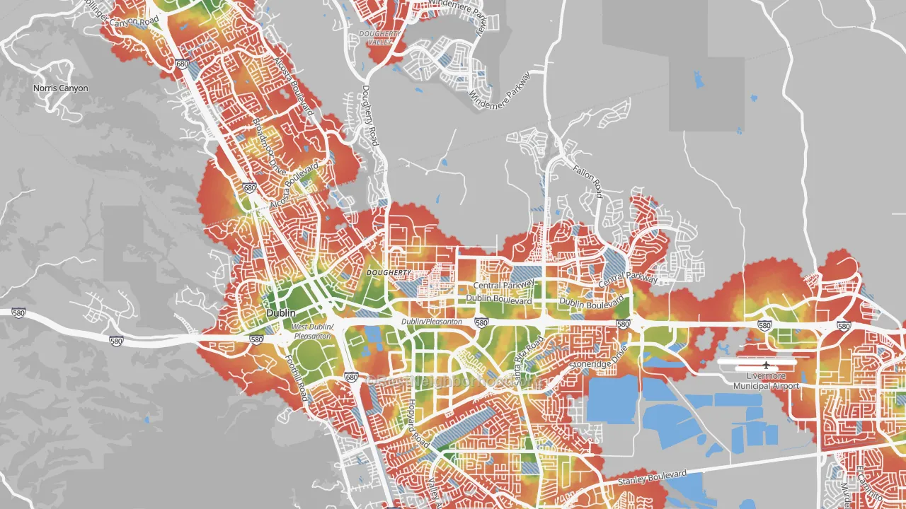 Walk Grade map of Dublin, CA, walkable areas in green and car-dependent areas in red