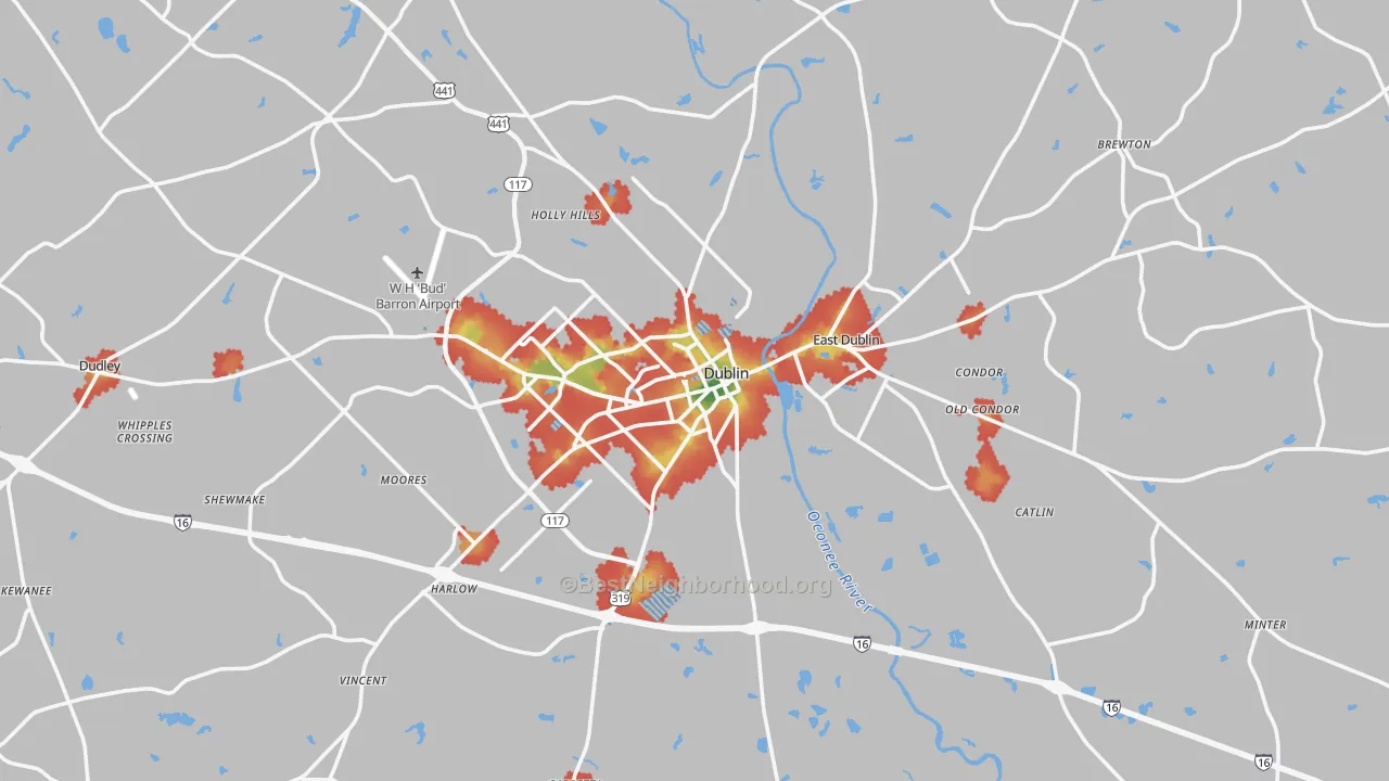 Walk Grade map of Dublin, GA, walkable areas in green and car-dependent areas in red