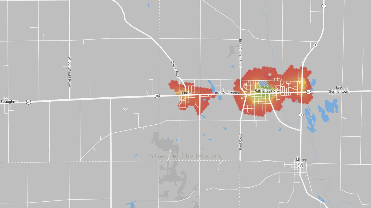 Walk Grade map of Dublin, IN, walkable areas in green and car-dependent areas in red