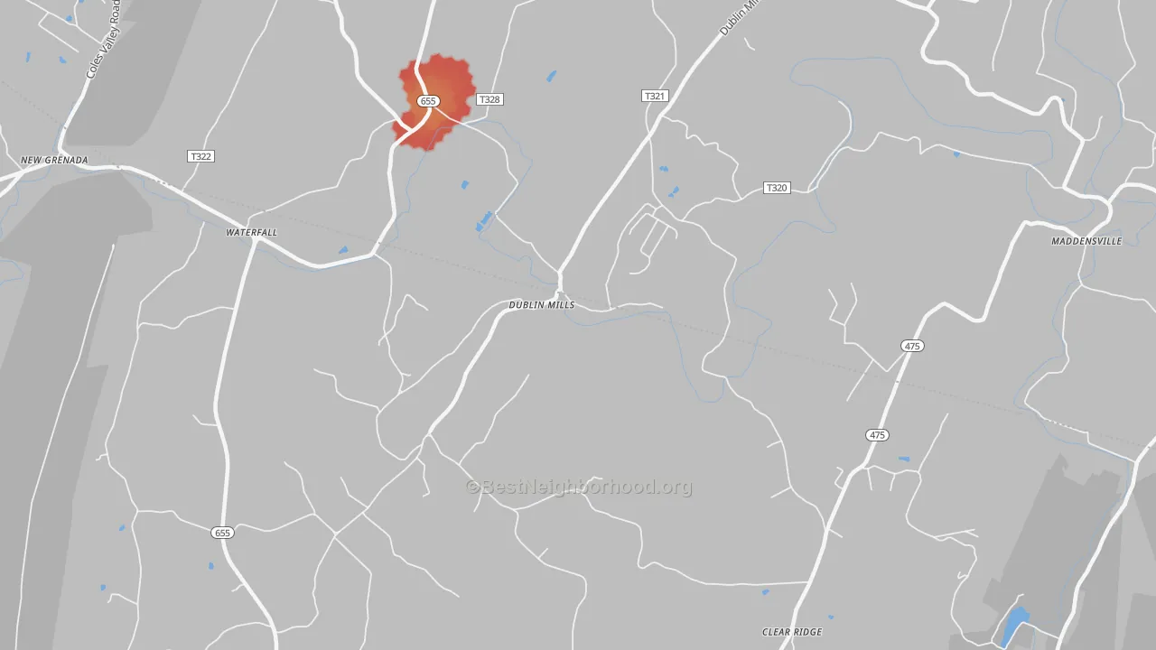 Walk Grade map of Dublin Mills, PA, walkable areas in green and car-dependent areas in red