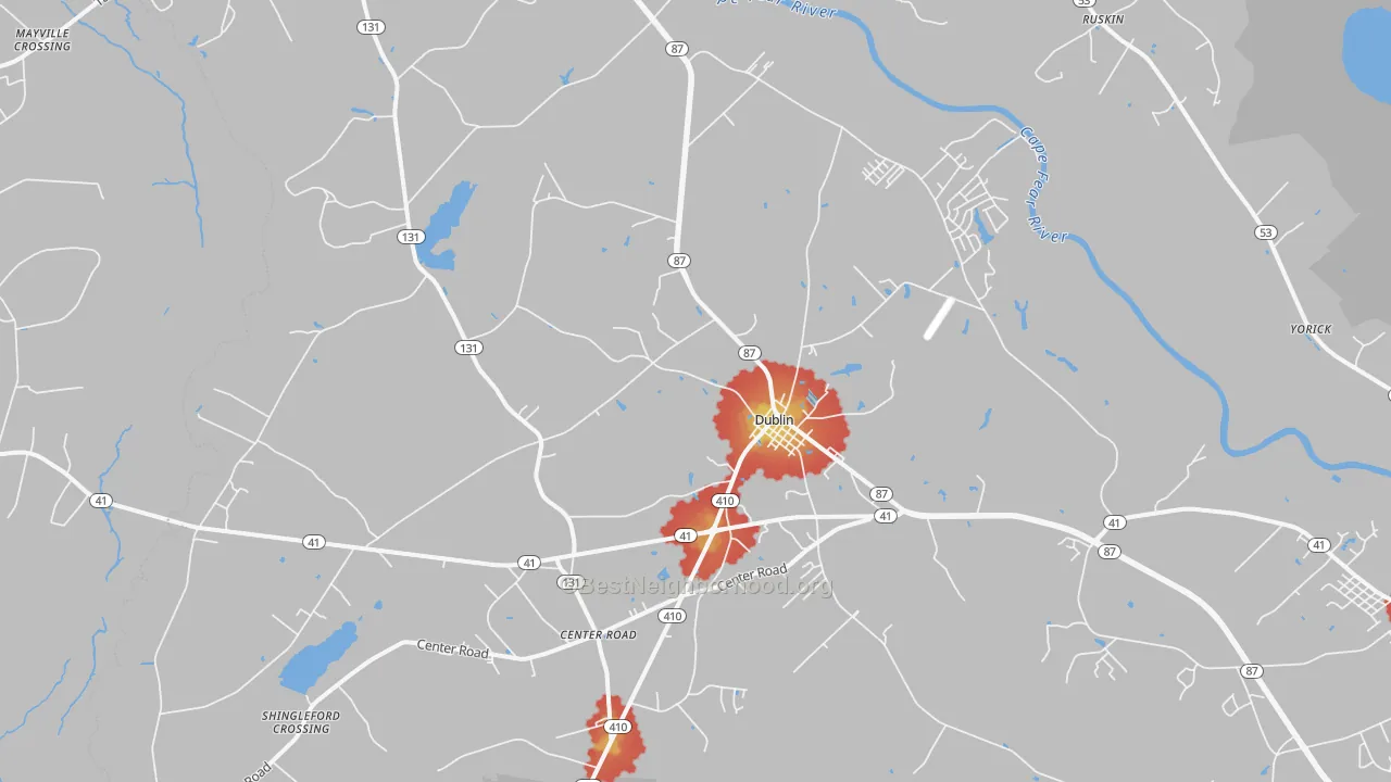 Walk Grade map of Dublin, NC, walkable areas in green and car-dependent areas in red