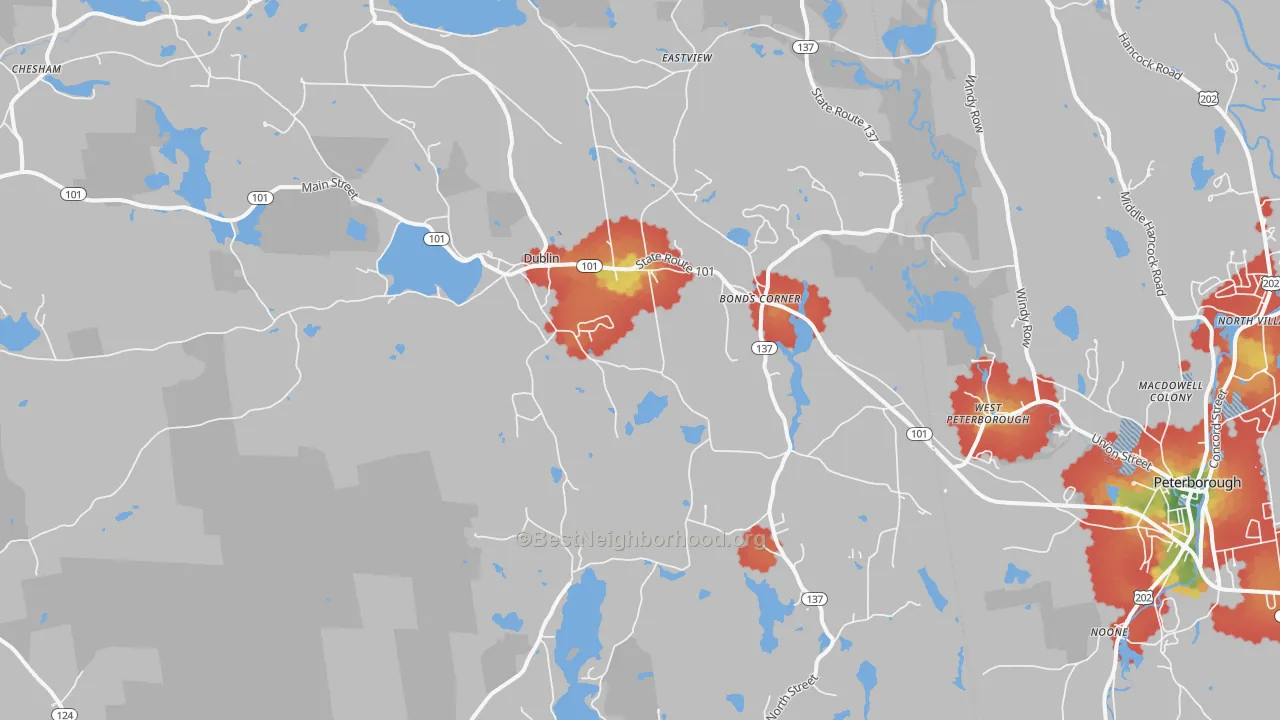Walk Grade map of Dublin, NH, walkable areas in green and car-dependent areas in red