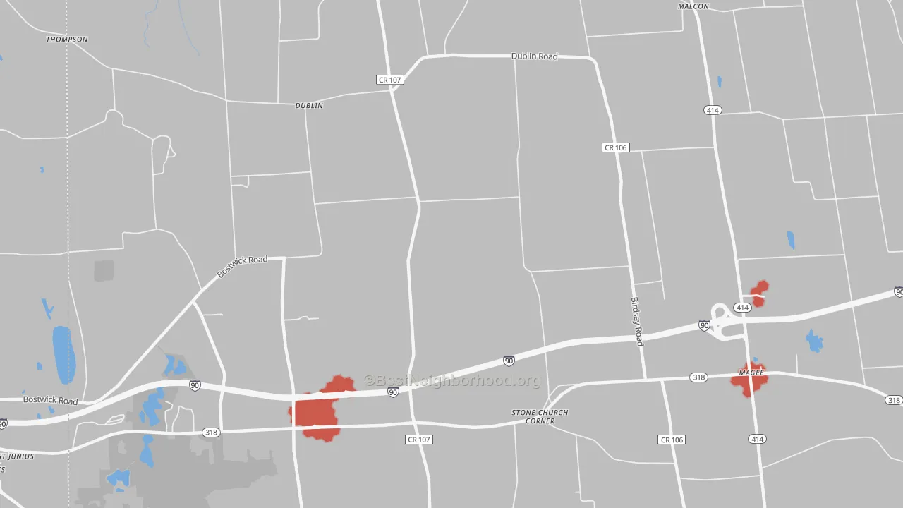 Walk Grade map of Dublin, NY, walkable areas in green and car-dependent areas in red