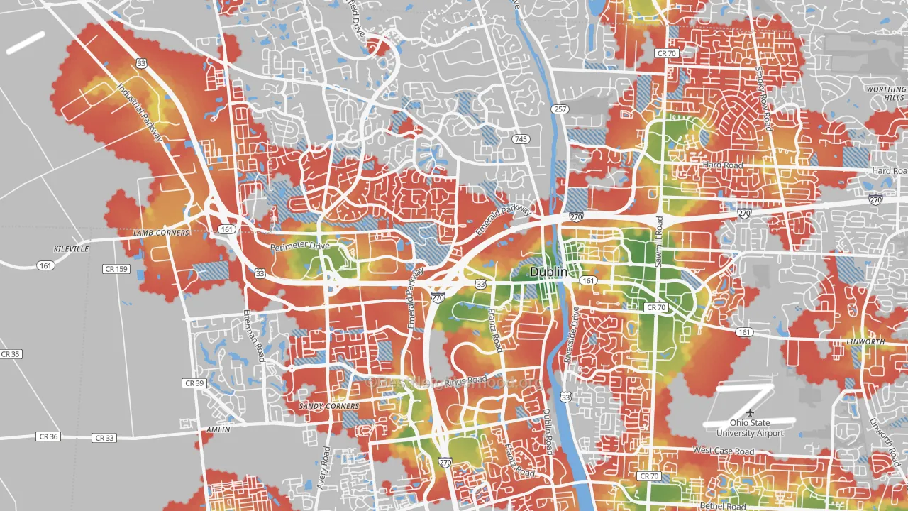 Walk Grade map of Dublin, OH, walkable areas in green and car-dependent areas in red