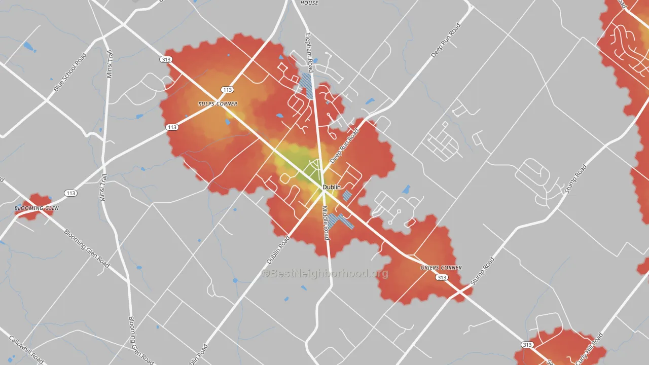 Walk Grade map of Dublin, PA, walkable areas in green and car-dependent areas in red