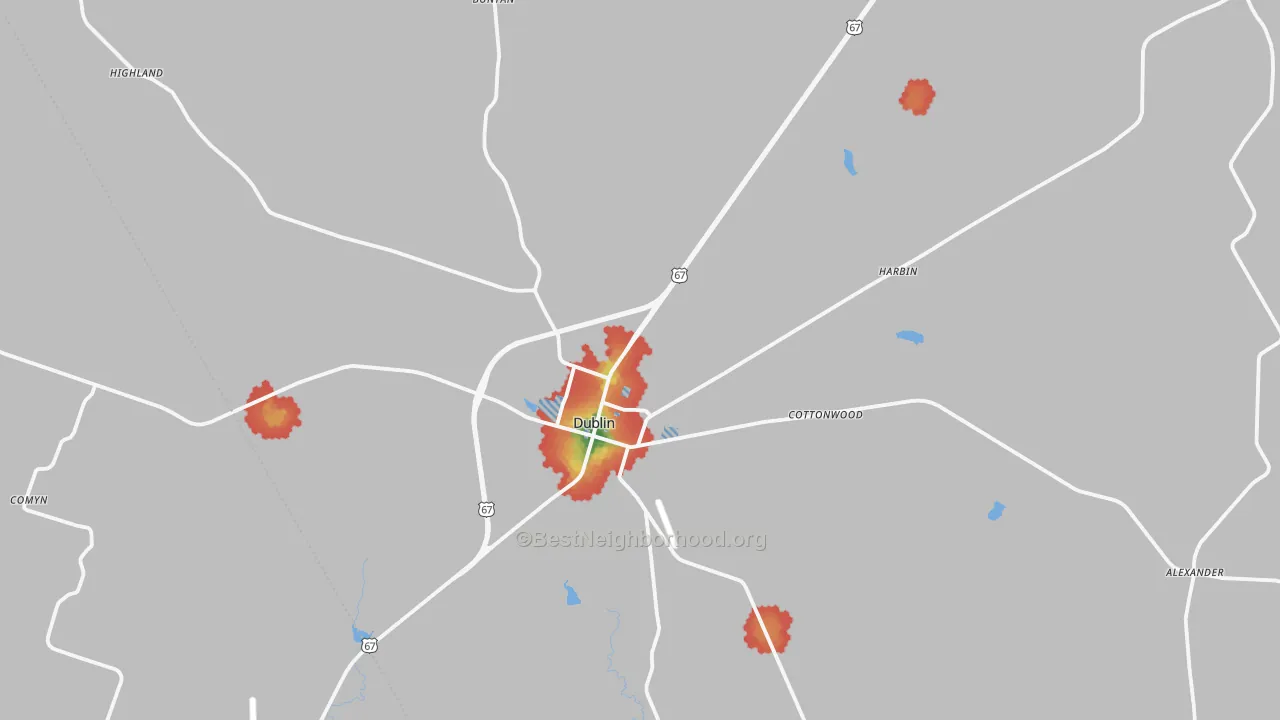 Walk Grade map of Dublin, TX, walkable areas in green and car-dependent areas in red
