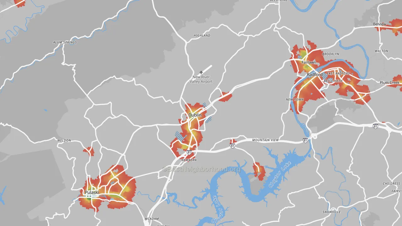 Walk Grade map of Dublin, VA, walkable areas in green and car-dependent areas in red