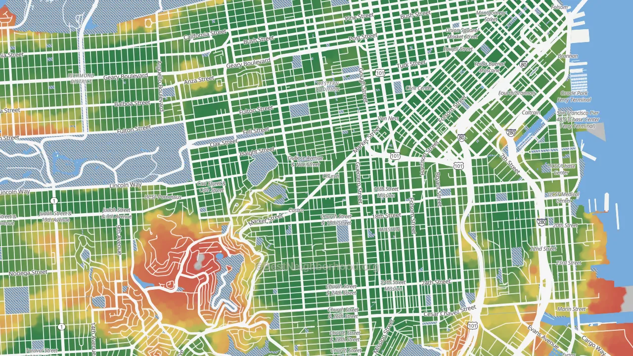 Walk Grade map of Duboce Triangle, San Francisco, CA, walkable areas in green and car-dependent areas in red