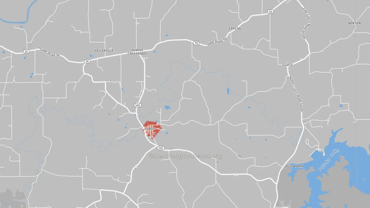 Walk Grade map of Dubois, IN, walkable areas in green and car-dependent areas in red