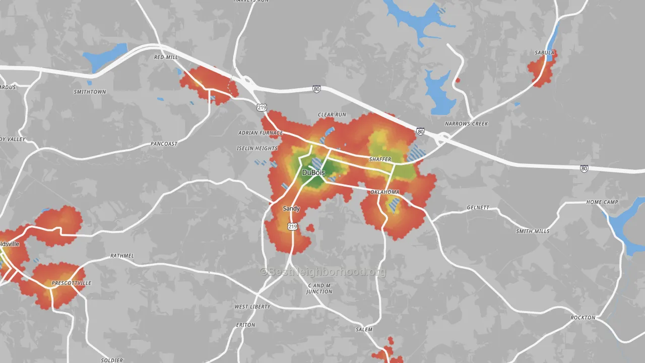 Walk Grade map of Dubois, PA, walkable areas in green and car-dependent areas in red