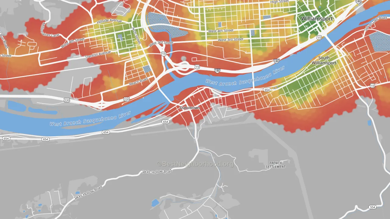 Walk Grade map of Duboistown, PA, walkable areas in green and car-dependent areas in red