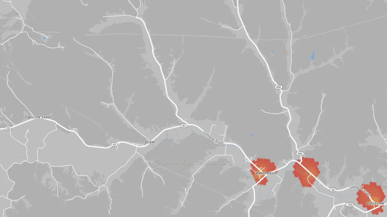 Walk Grade map of Dubre, KY, walkable areas in green and car-dependent areas in red