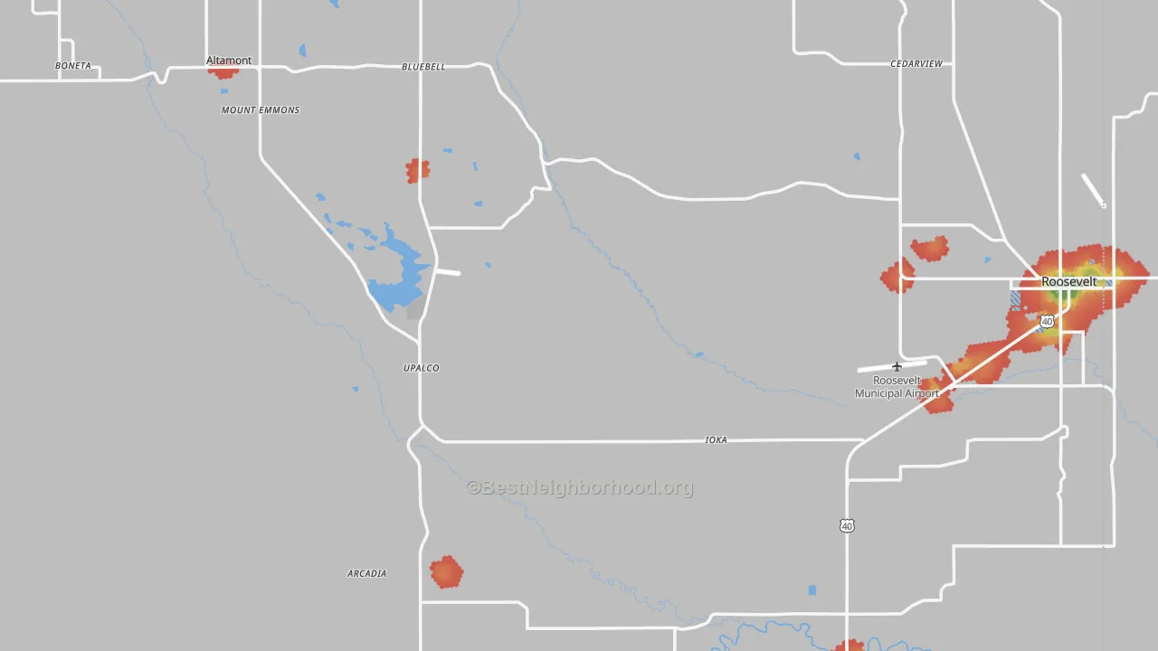 Walk Grade map of Duchesne County, UT, walkable areas in green and car-dependent areas in red
