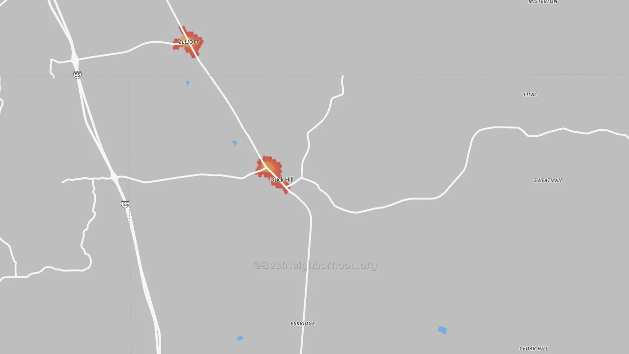 Walk Grade map of Duck Hill, MS, walkable areas in green and car-dependent areas in red