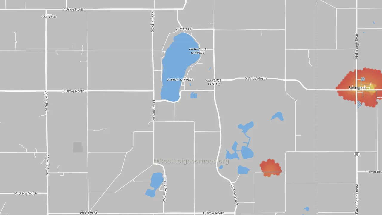 Walk Grade map of Duck Lake, MI, walkable areas in green and car-dependent areas in red