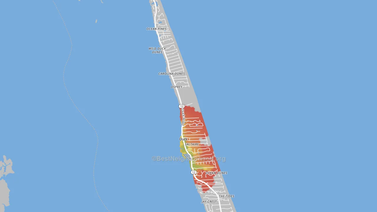 Walk Grade map of Duck, NC, walkable areas in green and car-dependent areas in red