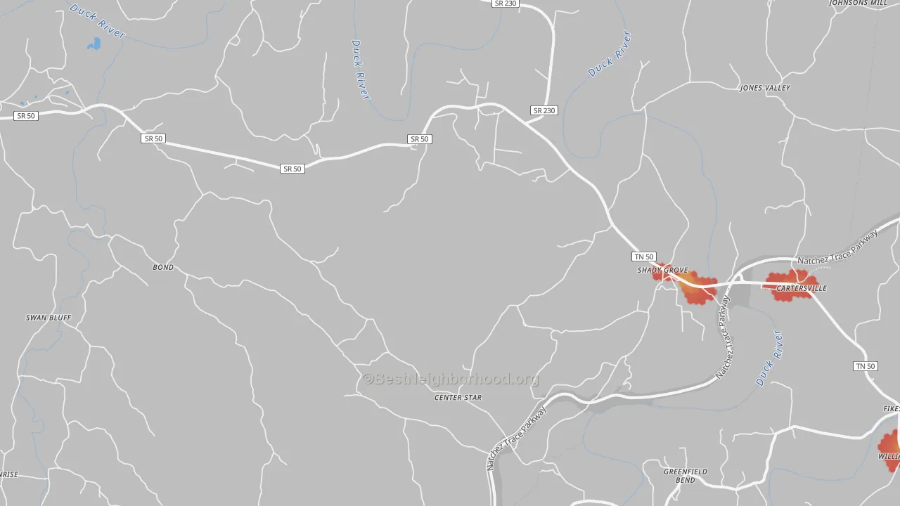 Walk Grade map of Duck River, TN, walkable areas in green and car-dependent areas in red