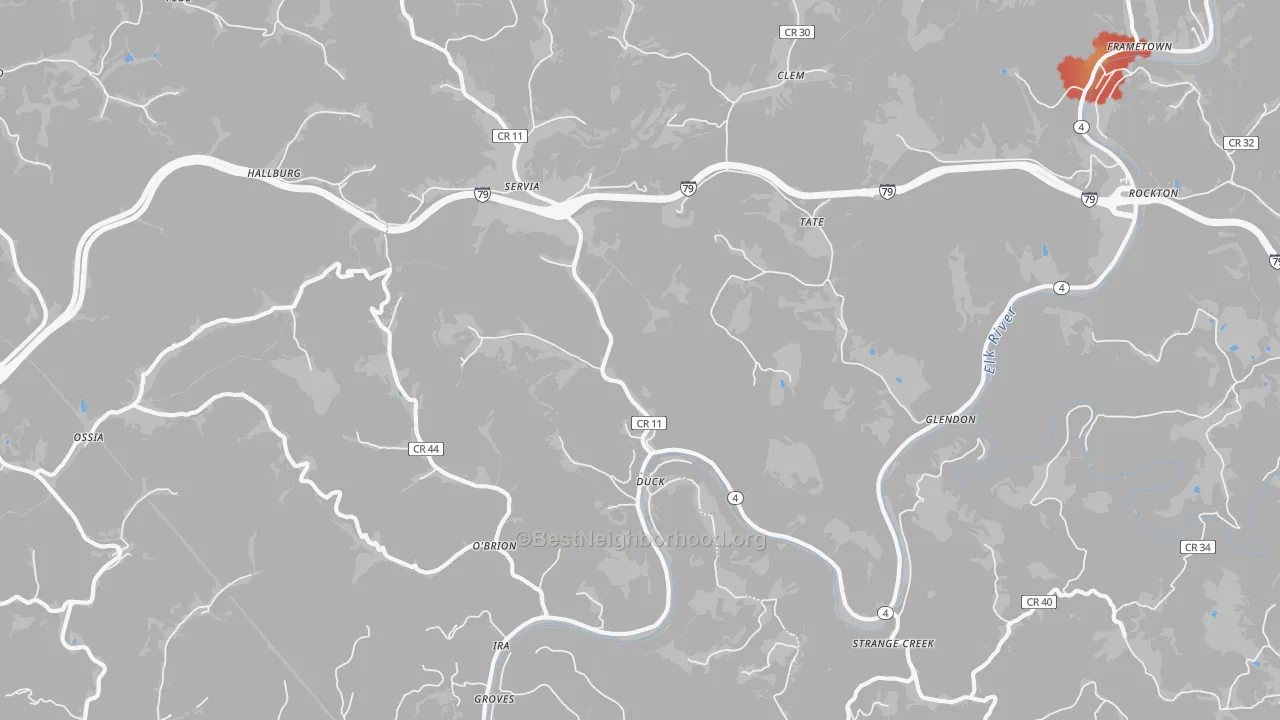Walk Grade map of Duck, WV, walkable areas in green and car-dependent areas in red