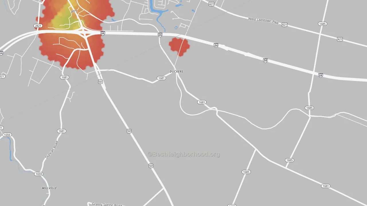 Walk Grade map of Duckers, KY, walkable areas in green and car-dependent areas in red