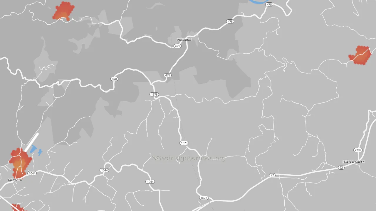 Walk Grade map of Duckrun, KY, walkable areas in green and car-dependent areas in red