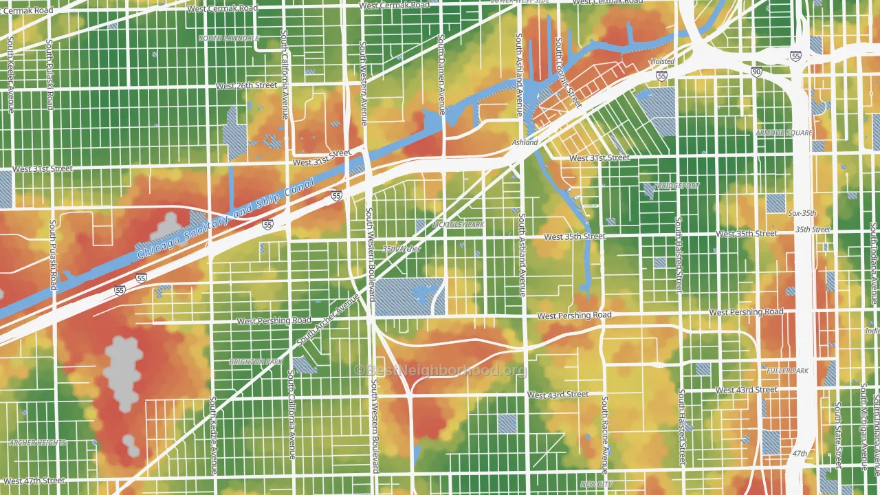 Walk Grade map of Ducktown, Chicago, IL, walkable areas in green and car-dependent areas in red