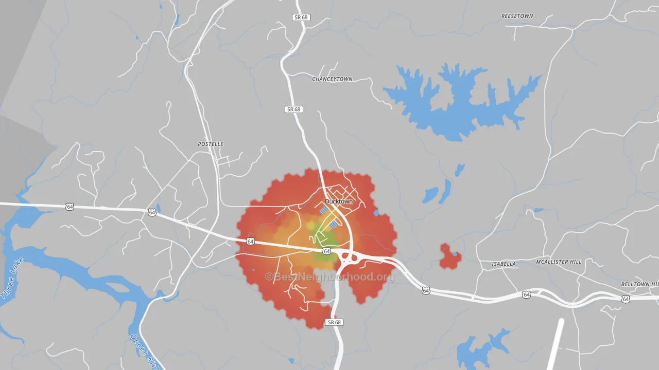 Walk Grade map of Ducktown, TN, walkable areas in green and car-dependent areas in red