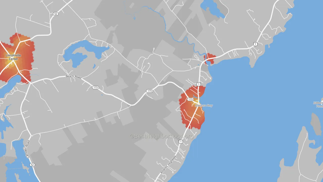 Walk Grade map of Ducktrap, ME, walkable areas in green and car-dependent areas in red