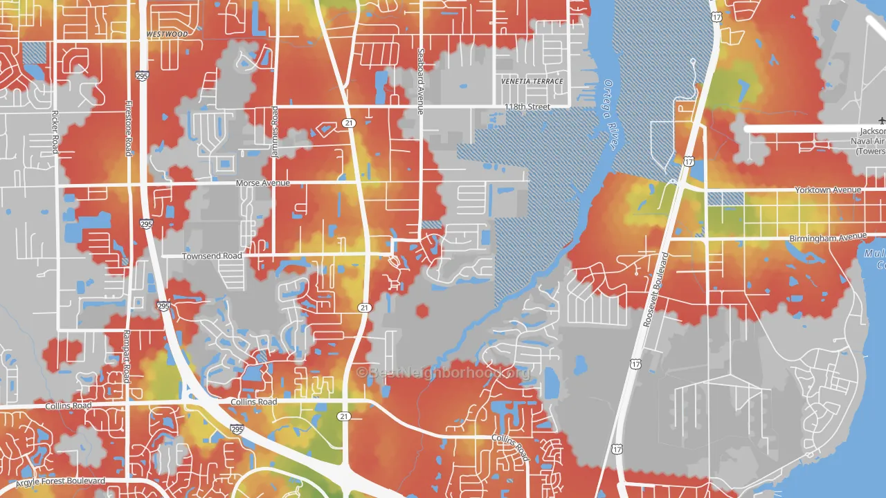 Walk Grade map of Duclay Forest, Jacksonville, FL, walkable areas in green and car-dependent areas in red
