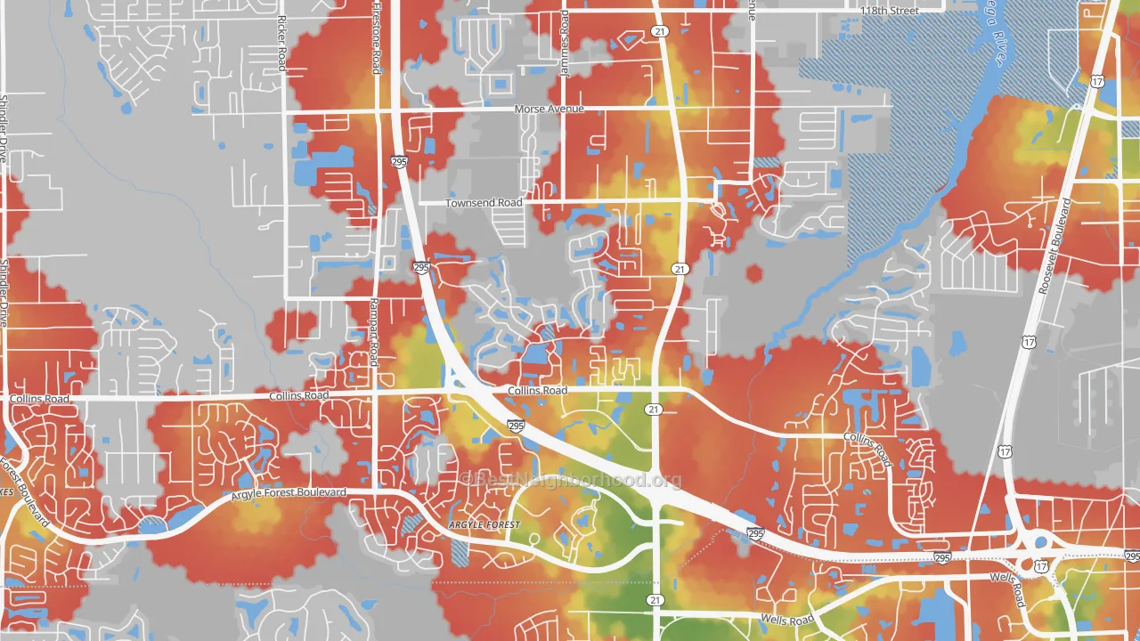 Walk Grade map of Duclay, Jacksonville, FL, walkable areas in green and car-dependent areas in red