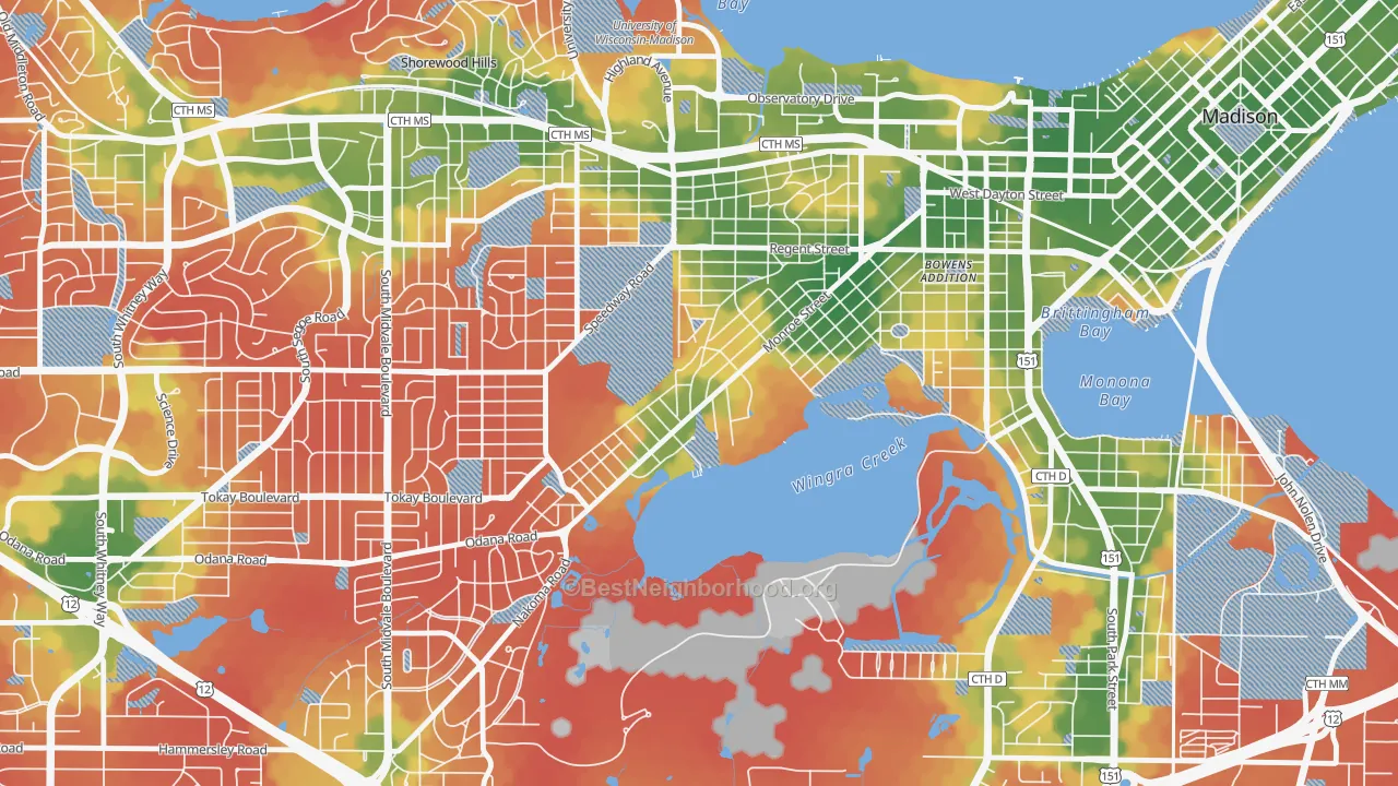 Walk Grade map of Dudgeon-Monroe, Madison, WI, walkable areas in green and car-dependent areas in red