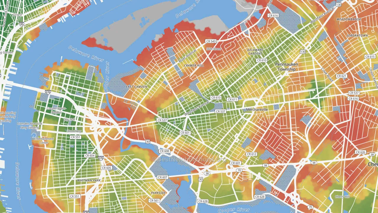 Walk Grade map of Dudley, Camden, NJ, walkable areas in green and car-dependent areas in red