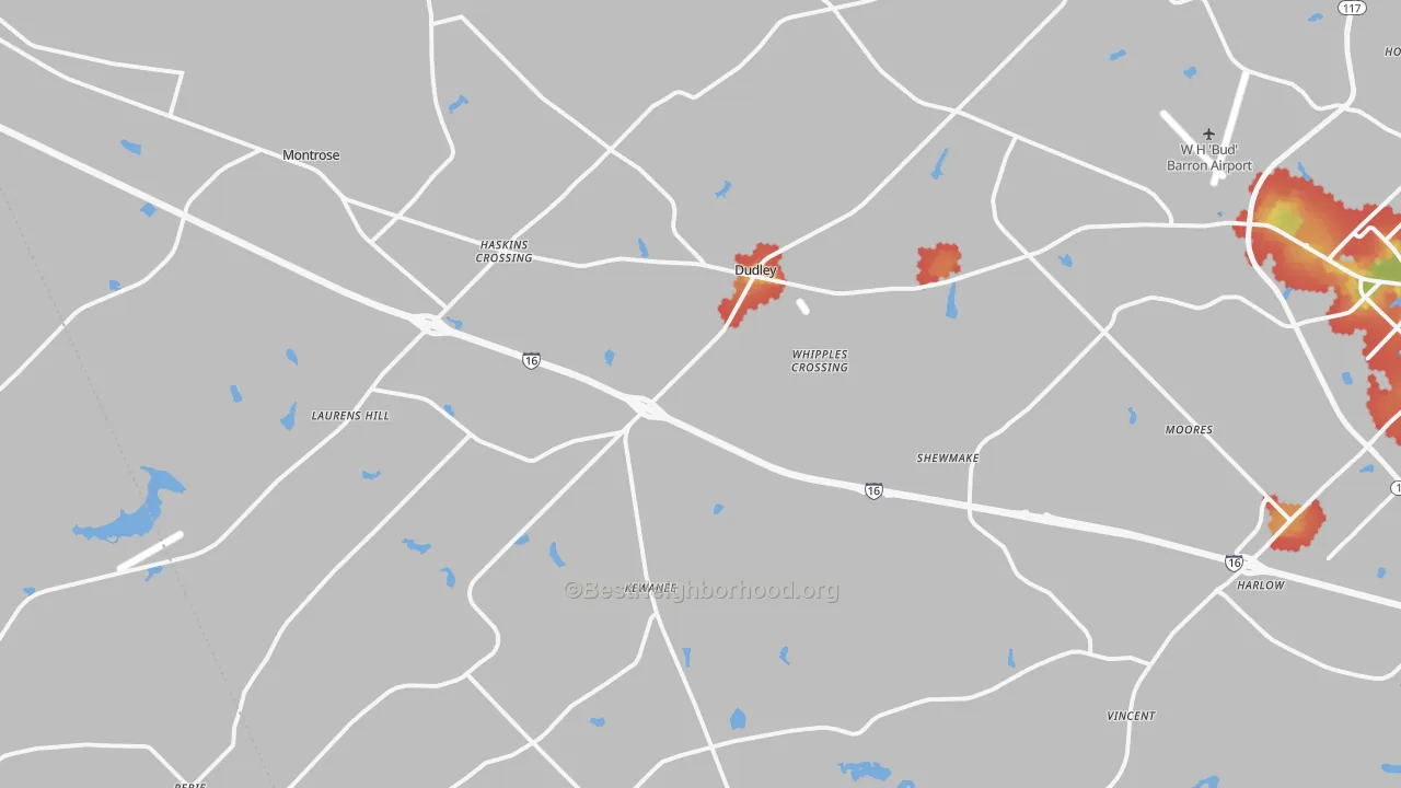Walk Grade map of Dudley, GA, walkable areas in green and car-dependent areas in red