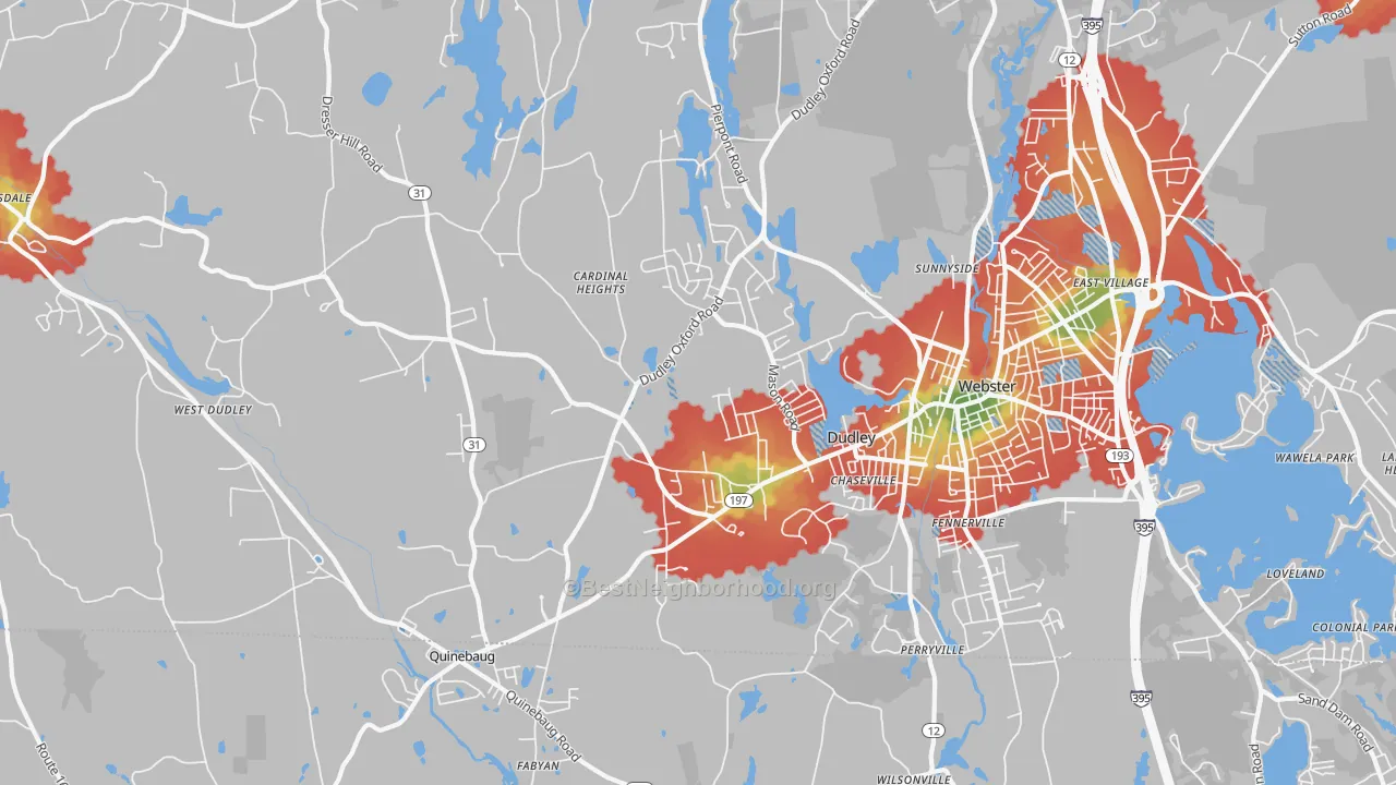 Walk Grade map of Dudley, MA, walkable areas in green and car-dependent areas in red