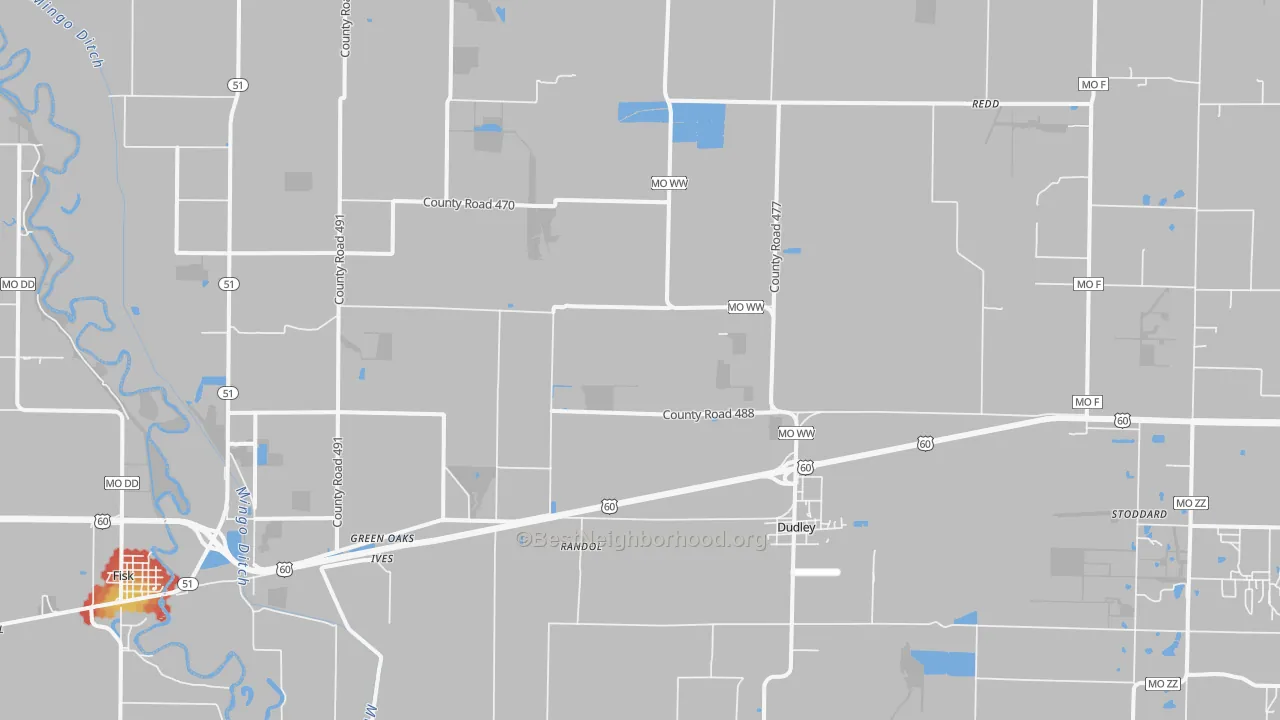 Walk Grade map of Dudley, MO, walkable areas in green and car-dependent areas in red