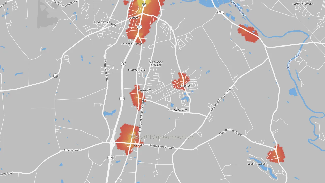 Walk Grade map of Dudley, NC, walkable areas in green and car-dependent areas in red