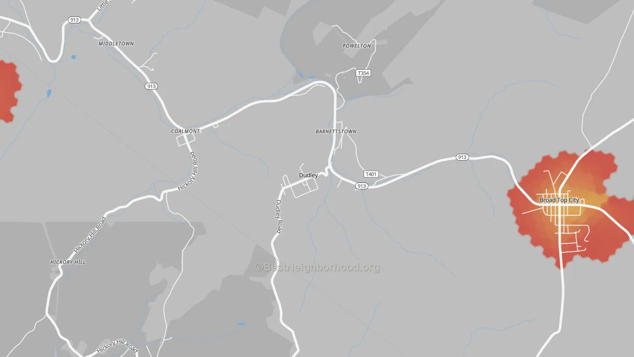 Walk Grade map of Dudley, PA, walkable areas in green and car-dependent areas in red