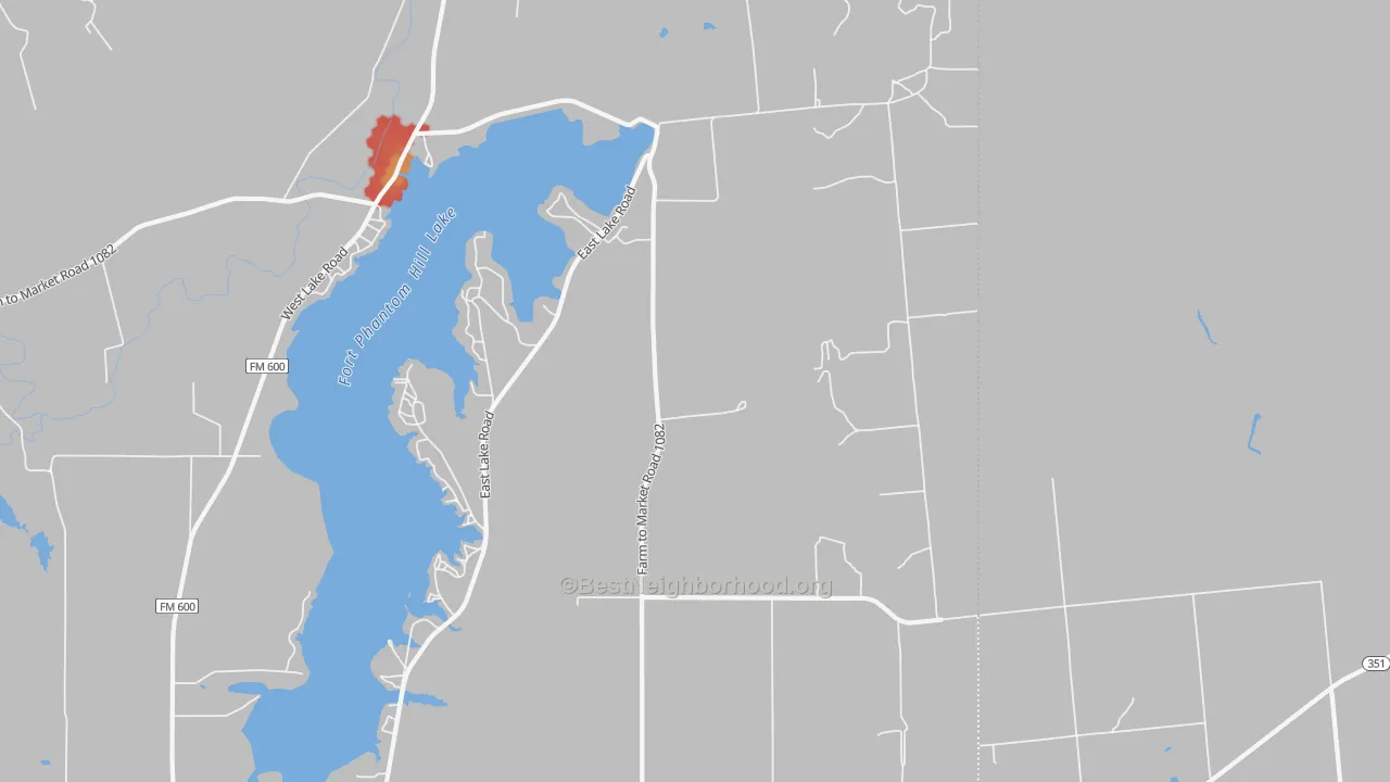 Walk Grade map of Dudley, TX, walkable areas in green and car-dependent areas in red