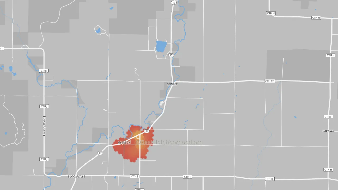 Walk Grade map of Dudley, WI, walkable areas in green and car-dependent areas in red