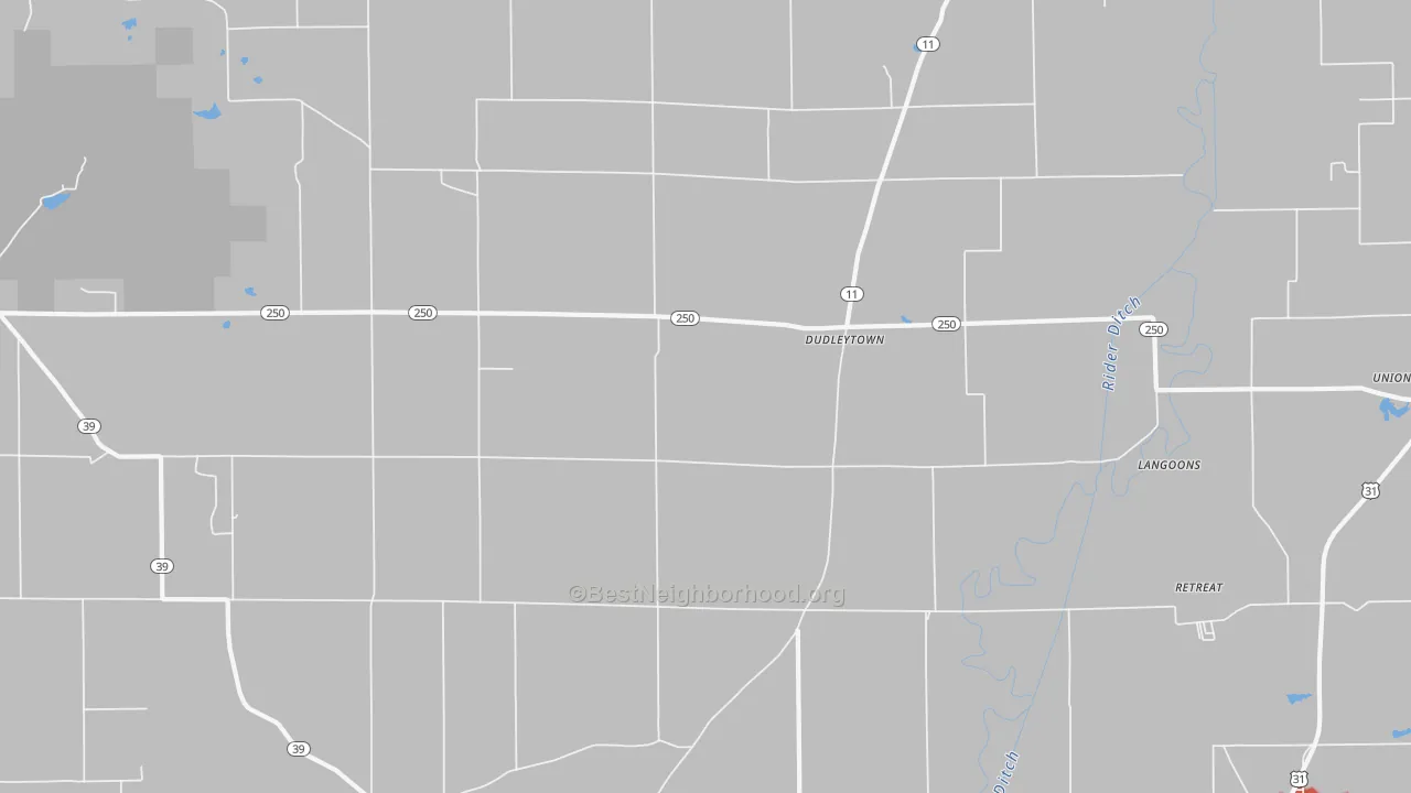 Walk Grade map of Dudleytown, IN, walkable areas in green and car-dependent areas in red