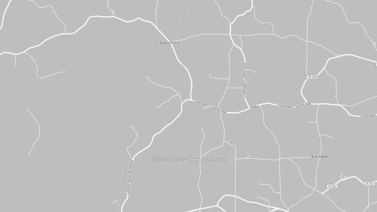 Walk Grade map of Dudleyville, AL, walkable areas in green and car-dependent areas in red