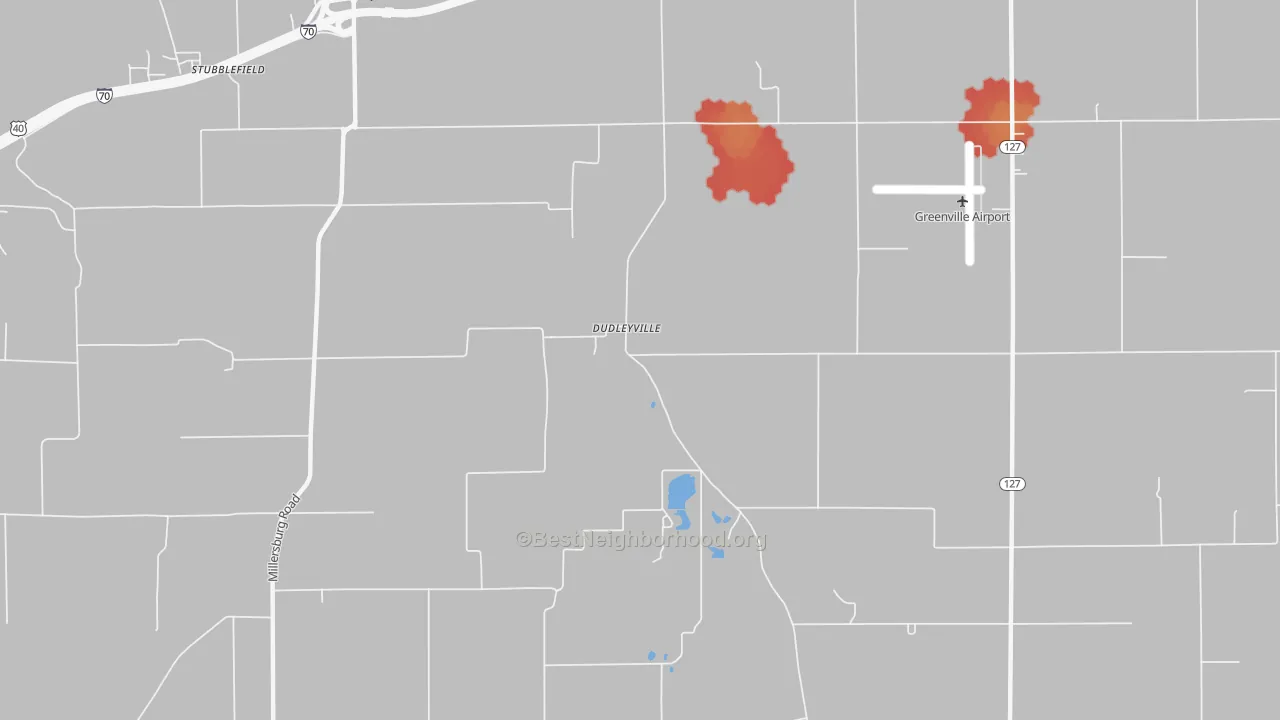 Walk Grade map of Dudleyville, IL, walkable areas in green and car-dependent areas in red